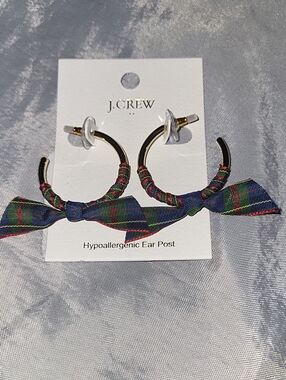 J. Crew Gold Hoop Earrings with Tartan Bow TL
